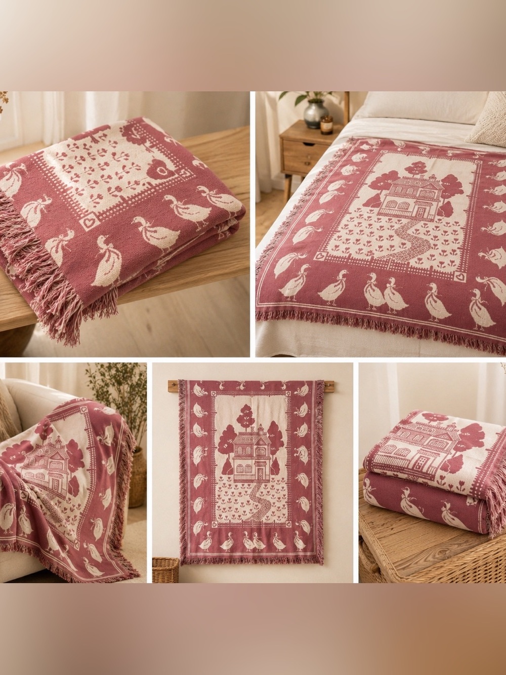 Pink and Cream Cottagecore Country Farmhouse Geese Cotton Woven Throw Blanket